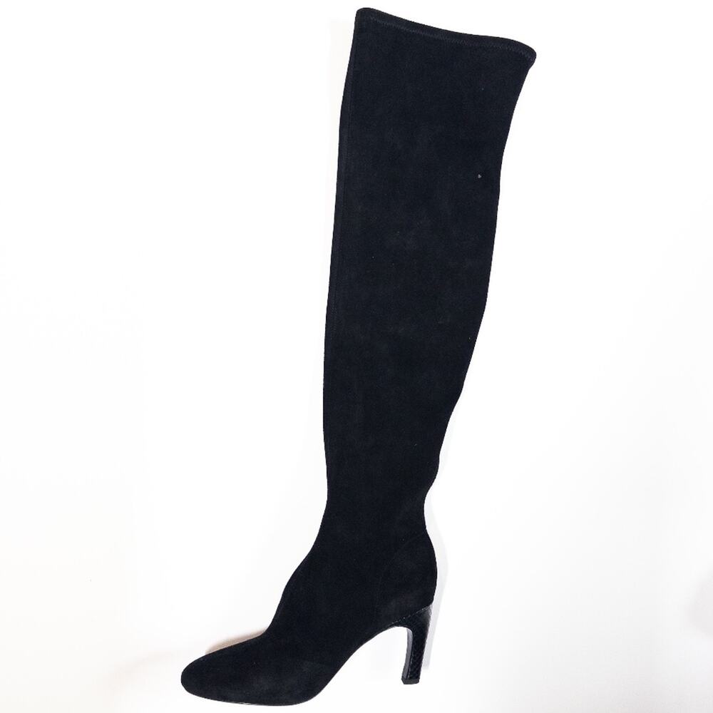 Tory Burch Over the Knee Stretch Boot Womens 7 Black Suede 80mm Snake Skin Heel